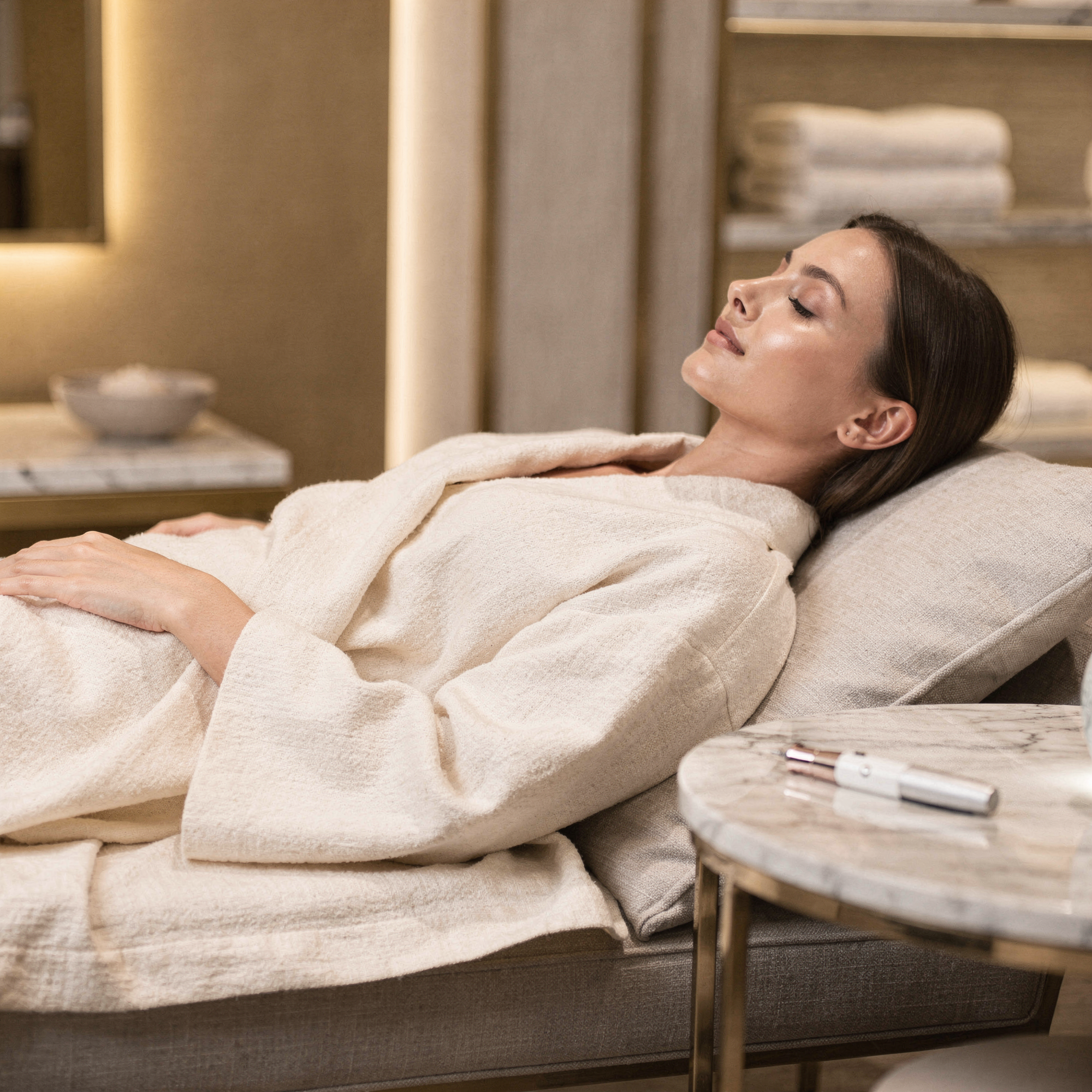 Woman relaxing on a treatment bed in a spa setting at Natural Beauty Fifth Avenue's Soho location